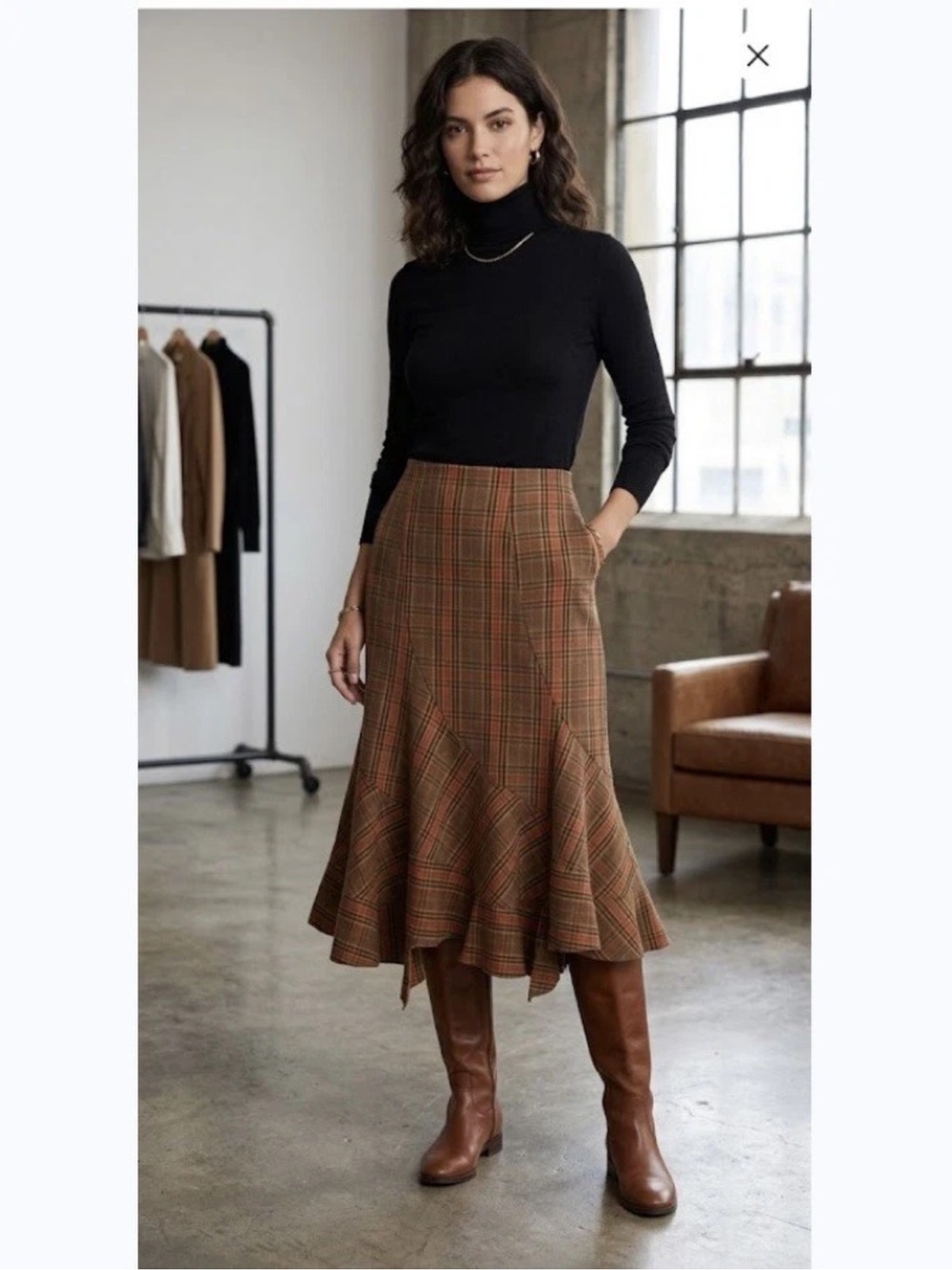Vintage Brown / Red / Tan Plaid Midi Skirt with Flared Asymmetrical Hem Sz S